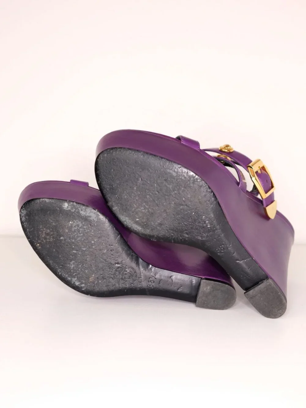 Versace Medusa Studded Platform Wedge Sandals, Royal Purple, size